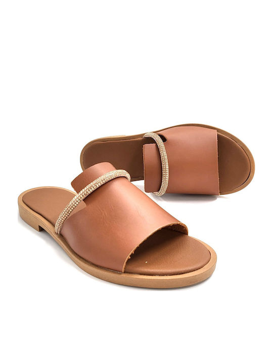 Leather Women's Flat Sandals in Tabac Brown Color