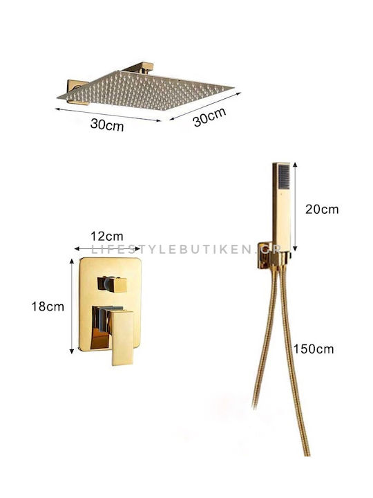 Naron Built-in Mixer & Hand Shower Set for Shower 2 Exits Inox Gold