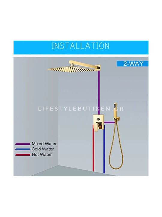 Naron Built-in Mixer & Hand Shower Set for Shower 2 Exits Inox Gold