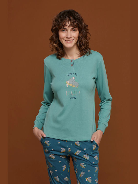 Noidinotte Winter Damen Pyjama-Set Baumwolle Grün