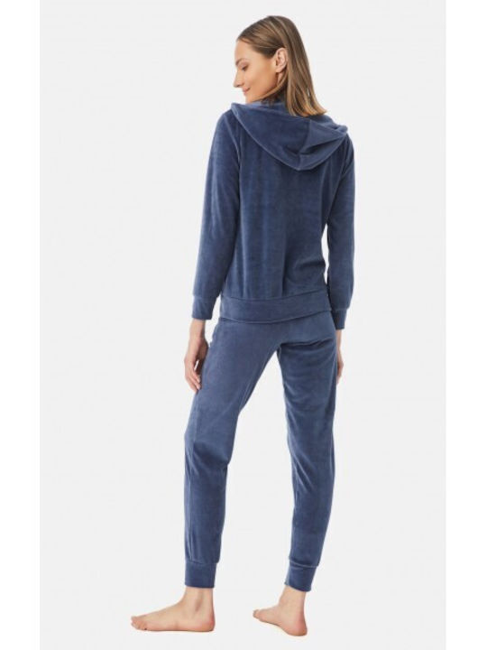 Minerva Winter Samt Damen Pyjama-Hose Blau