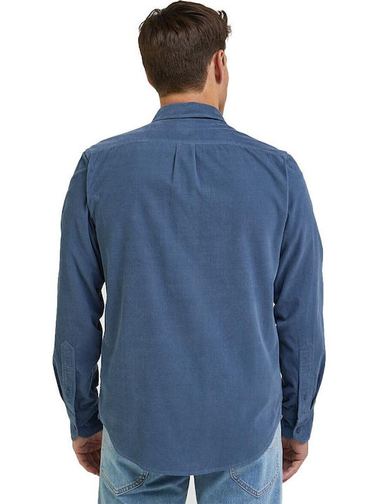 Overshirt Mânecă Lungă Din Catifea Raiată În Linie Regular Fit Albastru