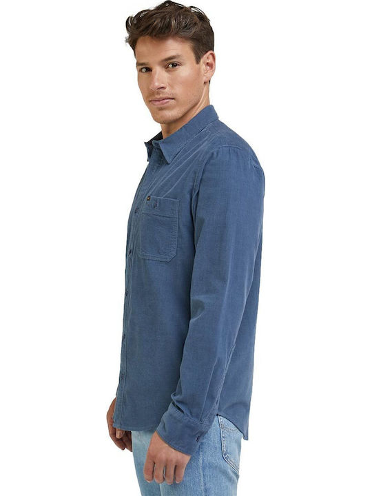 Overshirt Mânecă Lungă Din Catifea Raiată În Linie Regular Fit Albastru
