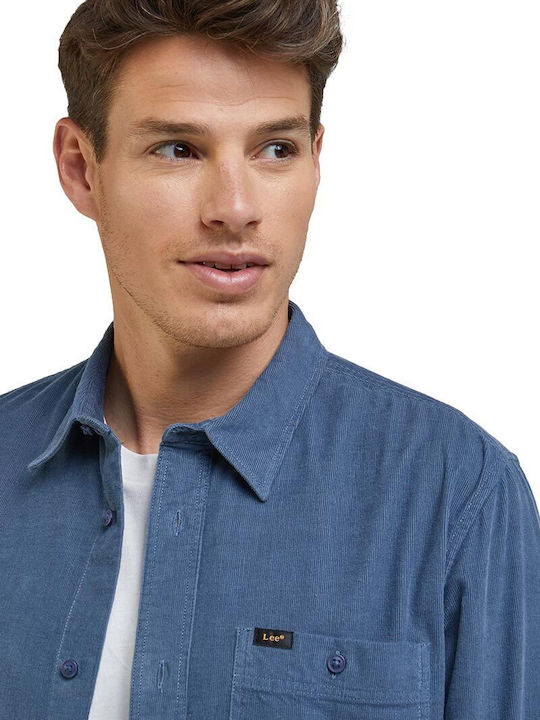 Overshirt Mânecă Lungă Din Catifea Raiată În Linie Regular Fit Albastru