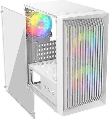 Logic Atos Gaming Mini Tower Computer Case with Window Panel and RGB Lighting White