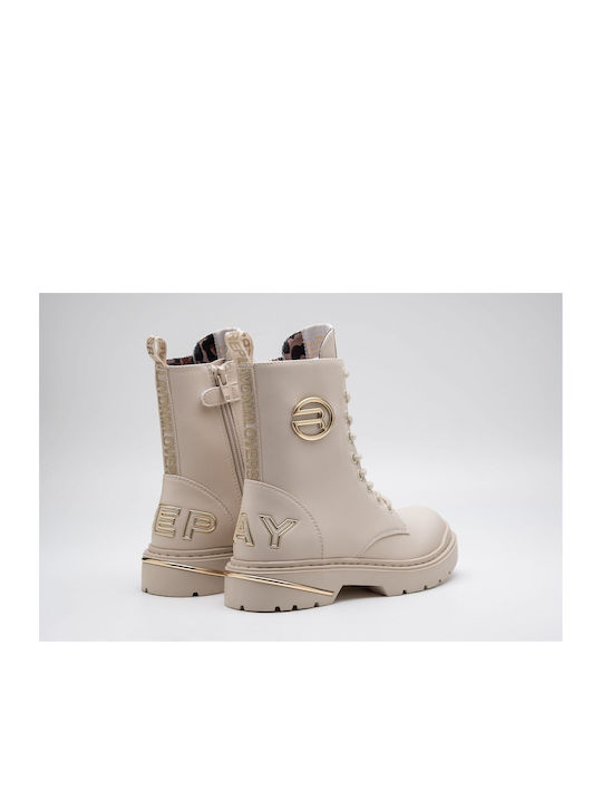 Replay Kids Leather Military Boots with Zipper Beige