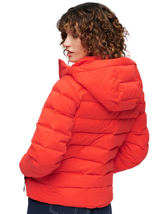 Superdry W D3 Women's Short Puffer Jacket for Winter with Hood Red