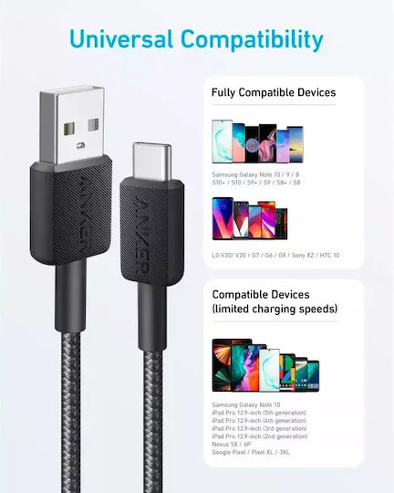 Anker 322 Braided USB 2.0 Cable USB-C Male - USB-A 15W PD Black 1.8m A81H6G11