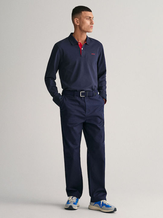 Contrast Polo Long Sleeve Navy Blue Blouse