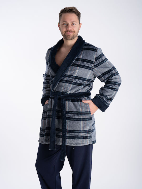 Relax Anatomic Χειμερινή Καρό Ανδρική Ρόμπα Fleece Μπλε