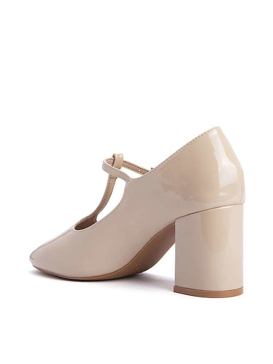 Keep Fred Patent Leather Beige Medium Heels with Strap