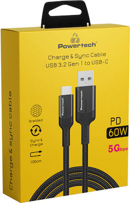 Powertech Braided USB 3.2 Cable USB-C male - USB-C 60W Black 1m (PTR-0134)