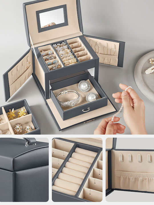 Songmics Jewelry Box Wooden with Drawer & Mirror 17.5x13.5x12cm