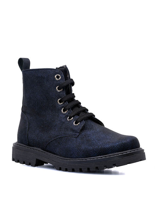 Ricco Mondo Kids Leather Military Boots with Zipper Blue