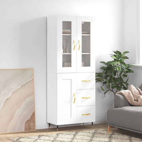 Floor-Standing Living Room Display Cabinet Made of White Particle Board with Glass 69.5x34x180cm