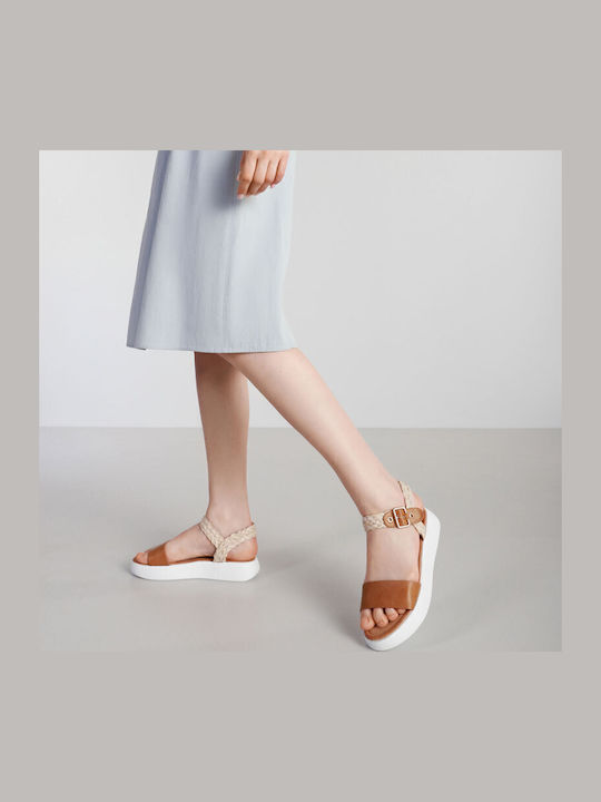 Women's Flat Sandals with Strap Flatforms in Tabac Brown Color