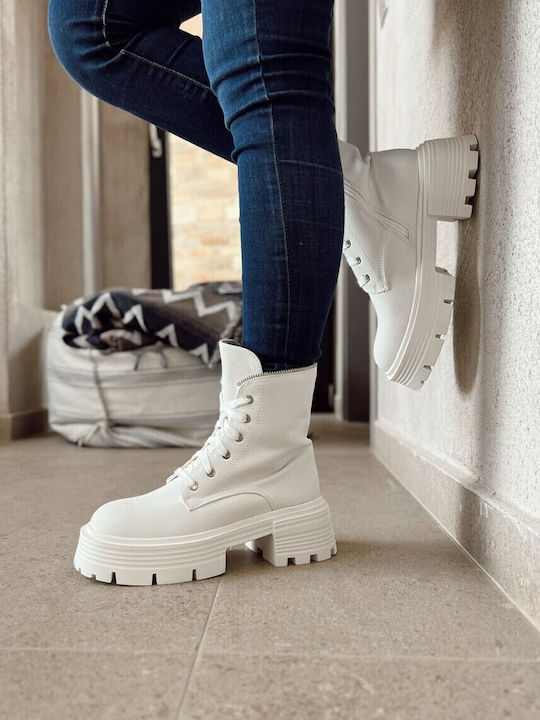 Arte Piedi Women's Medium Heel Combat Boots White