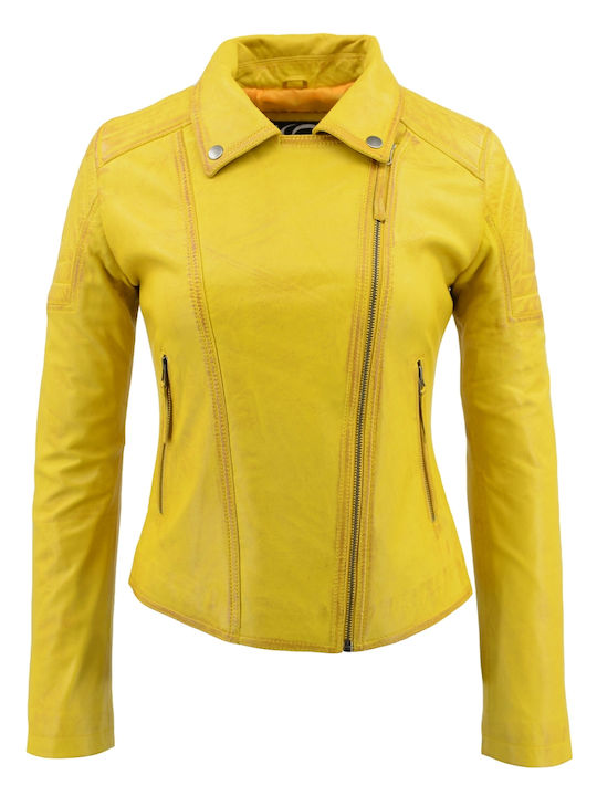 Δερμάτινα 100 Women's Short Lifestyle Leather Jacket for Winter Yellow