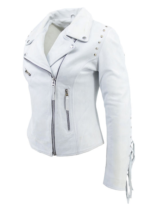 Women's Short Lifestyle Leather Jacket for Winter White