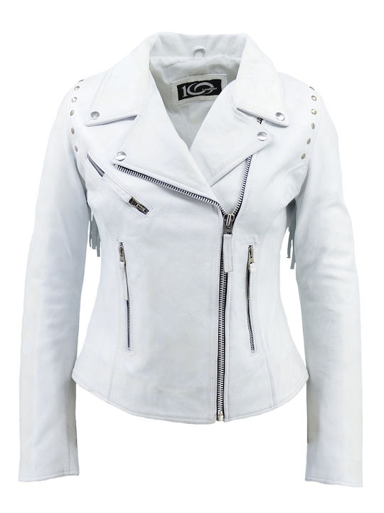 Women's Short Lifestyle Leather Jacket for Winter White