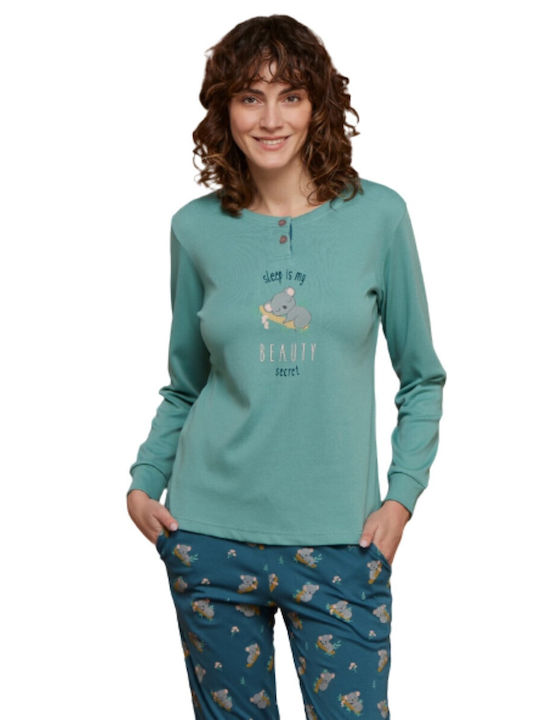 Noidinotte Winter Cotton Women's Pyjama Pants Turquoise