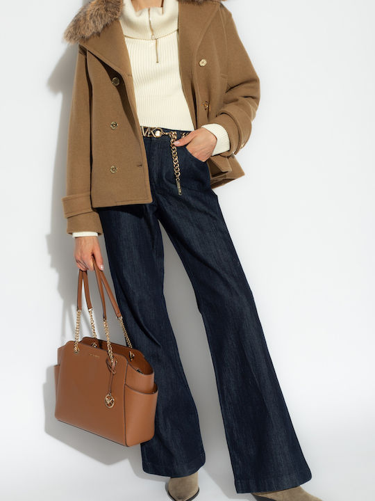 Wool Women's Beige. Coat with Fur Details