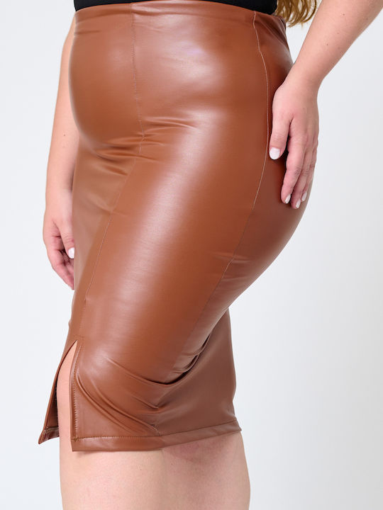 Leather Pencil Midi Skirt Brown