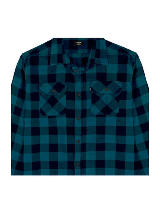 Double Men's Shirt Long Sleeve Checked Petrol Blue