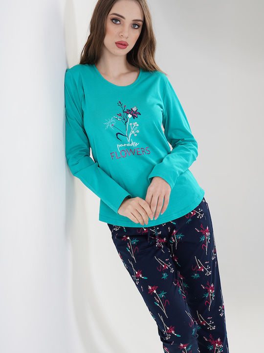 Vienetta Secret Winter Damen Baumwolle Pyjama-Oberteil Grün