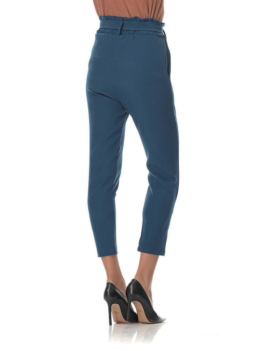 Sushi's Closet Women's High-waisted Fabric Trousers with Elastic in Paperbag Fit Blue