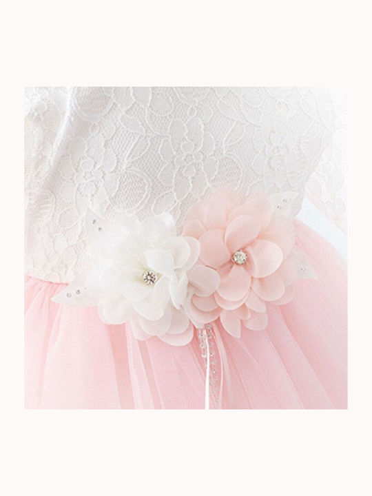 Pugi Pink Baptism Clothes Set with Dress & Hair Accessories Made of Lace 2 Pieces