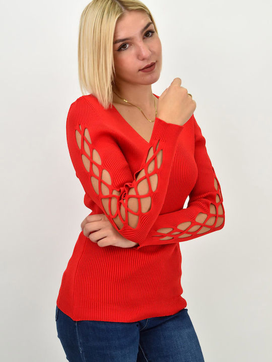 Potre Women's Blouse Long Sleeve with V Neckline Red