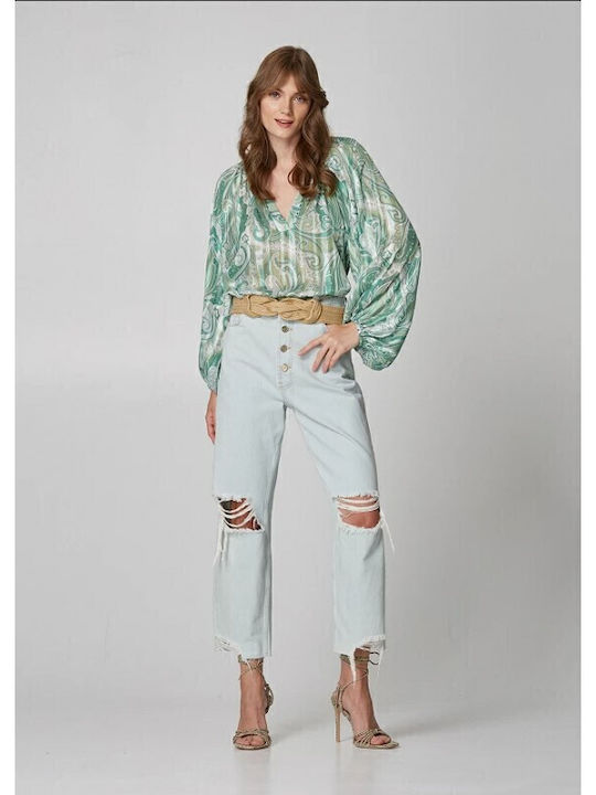 Women's Blouse Long Sleeve with V Neckline Green