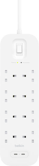 Belkin Steckdosenleiste Sicherheit 8 Steckdosen mit 2 USB-C, Schalter und Kabel 2m