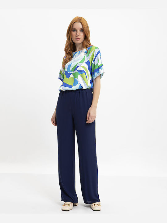 Laura Donini Women's Fabric Trousers with Elastic in Wide Line Blue