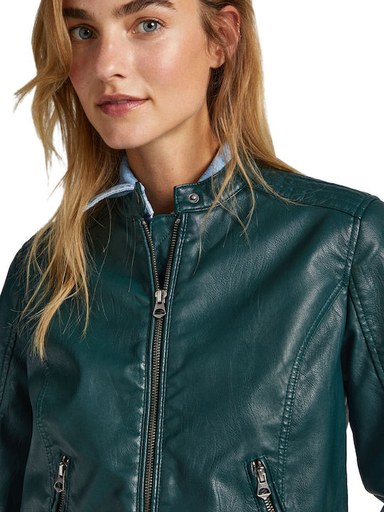 Pepe Jeans Women's Short Biker Jacket for Winter Green