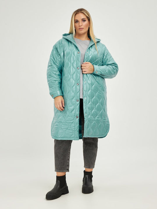 Mat Fashion Women's Long Puffer Jacket for Winter with Hood Blue