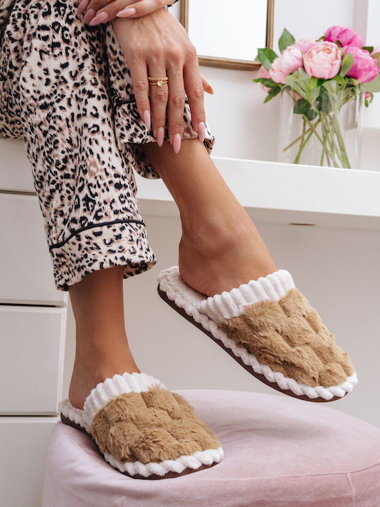 Winter Damen Hausschuhe mit Fell Beige
