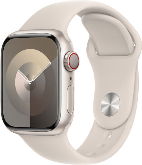 Apple Часовник Серия 9 Cellular Алуминий 41мм Водоустойчив с eSIM и Пулсомер (Starlight с Каишка Starlight Sport - S/M)
