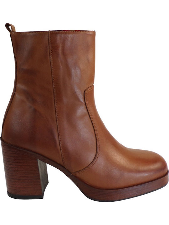 Leather Women's Ankle Boots with High Heel Tabac Brown