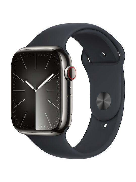 Apple Watch Series 9 Cellular Oțel inoxidabil 45mm Rezistent la apă cu eSIM și pulsometru (Grafit cu bandă sport Midnight (M/L))