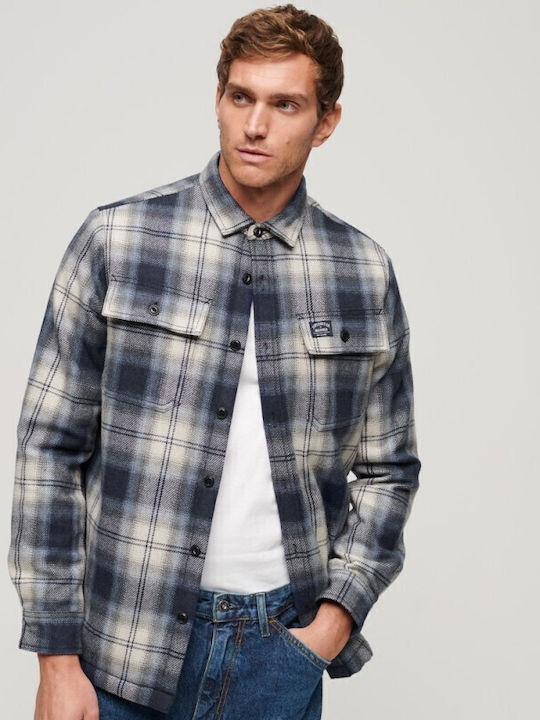 Long Sleeve Overshirt in Wide Line Checked Blue