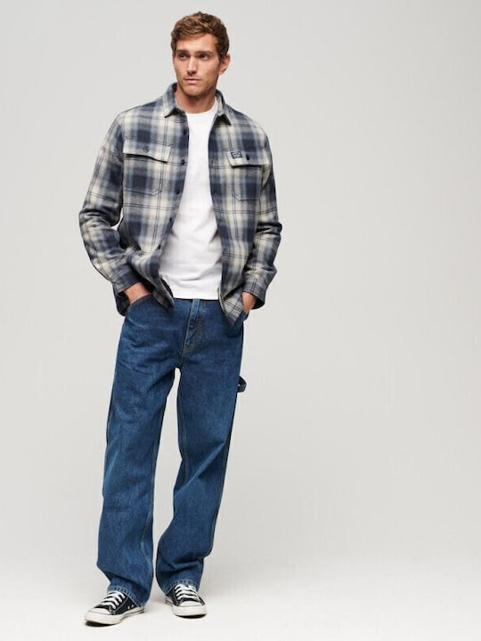 Long Sleeve Overshirt in Wide Line Checked Blue