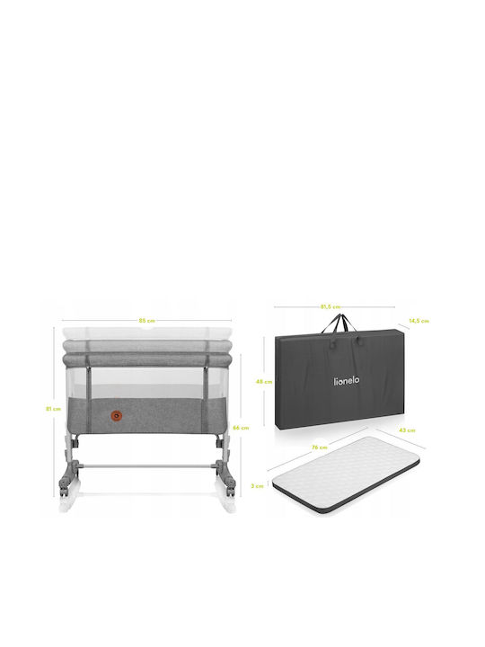 Lionelo Λίκνο Aurora με Στρώμα, Πλαϊνό Άνοιγμα και Ρόδες Grey Concrete
