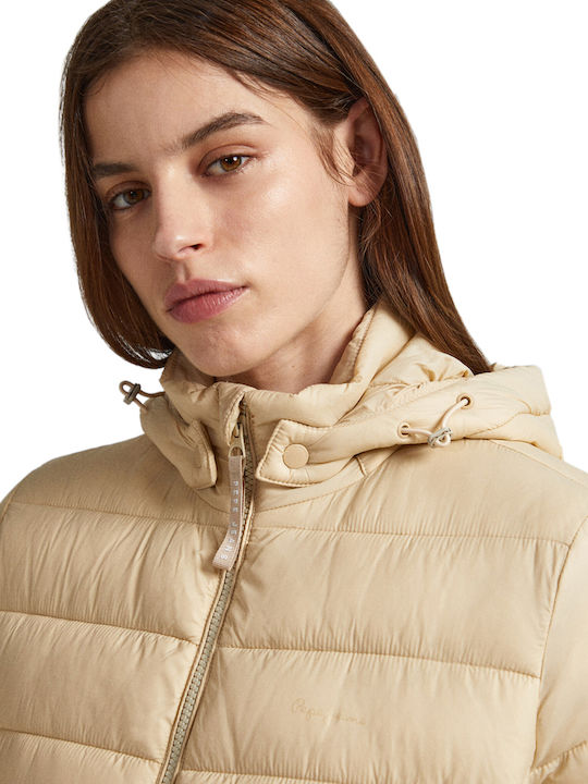 Pepe Jeans Women's Short Puffer Jacket for Winter Beige