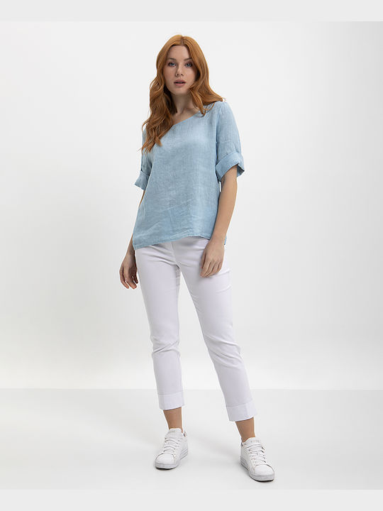 Simply Zoe Women's Summer Blouse Linen Short Sleeve Blue