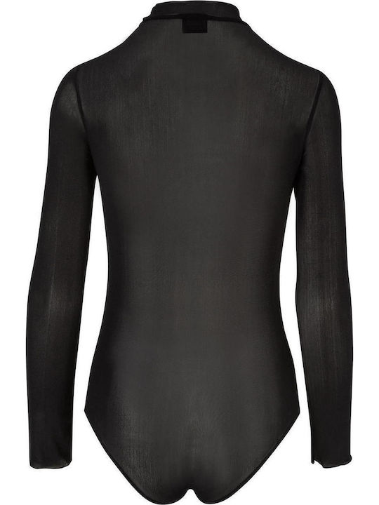Long Sleeve Turtleneck Bodysuit with Transparency Slim Fit Black