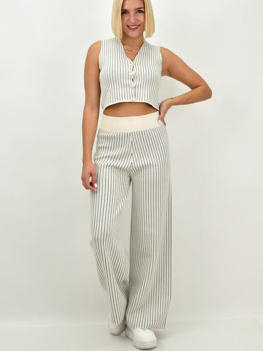 Potre Women's White Set with Trousers in Straight Line Striped