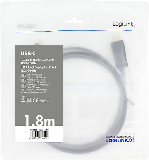 LogiLink USB 3.2 Видео Кабел USB-C Мъжки DisplayPort Черен 1.8м UA0335