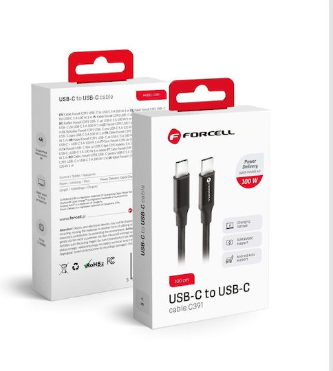 Forcell USB 3.0 Video Cable USB-C Male - USB-C 100W Black 1m E-Mark